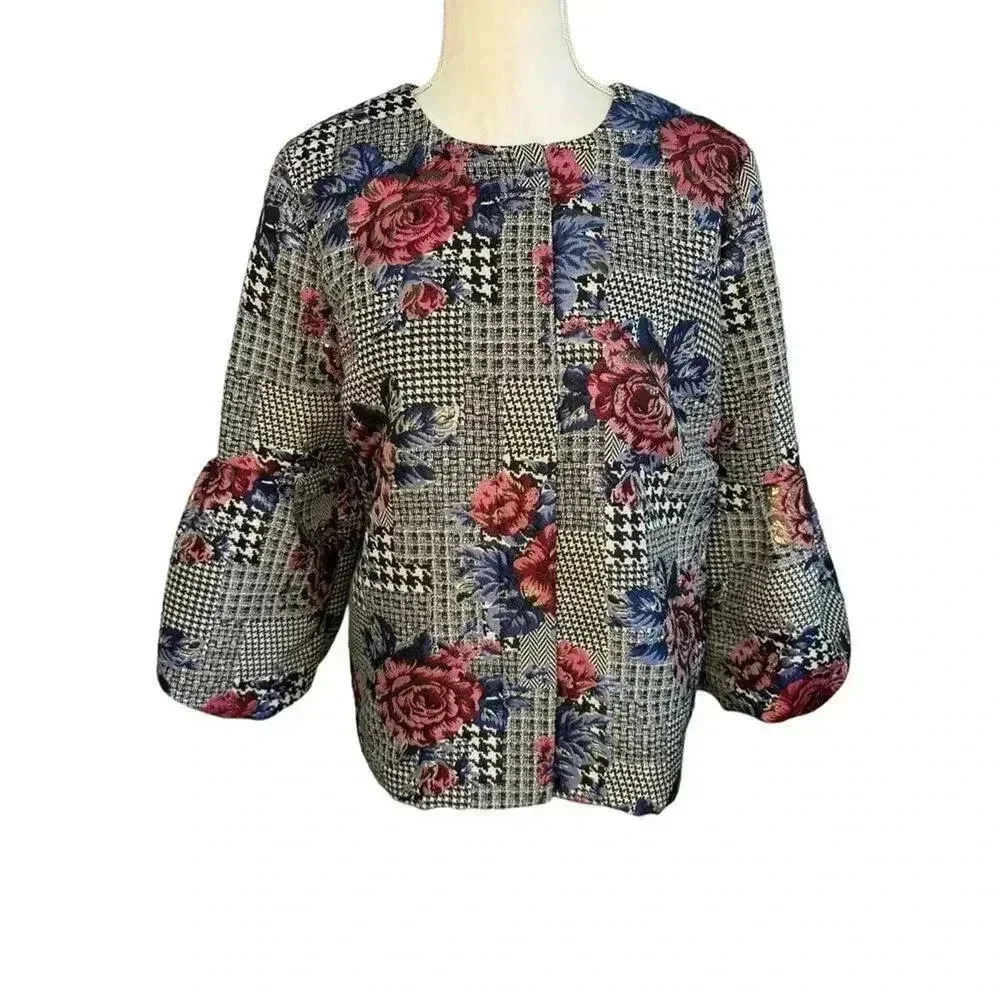 Alfani Women’s Medium Metallic Floral‎ Bubble Sleeve Snap Closure Blazer Jacket